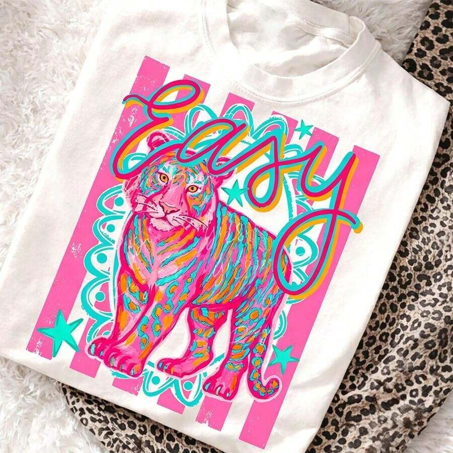 Camiseta con Estampado de Tigre Estilo Preppy, Camiseta Casual de Cuello Redondo, Ropa de Verano para Mujer, Ropa Y2k, Streetwear