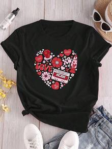 1 camiseta de corazón para el Día de San Valentín - Camiseta casual de manga corta con cuello redondo y estampado de corazones, tejido de punto, regalo para parejas en todas las estaciones, ajuste para todas las estaciones (tallas S-XXXL) - Lindo regalo para parejas, ropa romántica, conjuntos a juego para parejas. - Negro - Ver 7