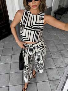 Conjunto de top y pantalones con estampado de flores y rayas, estilo casual de playa de verano para mujer - Blanco y Negro - Ver 4