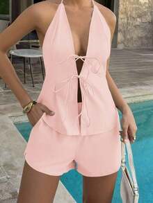 Conjunto de 2 piezas de top con escote en V y espalda descubierta con lazo, y shorts elásticos para mujer, adecuado para el hogar, la playa, citas, festivales de música, San Valentín y otras ocasiones, elegante en negro para el verano - Rosa - Ver 12