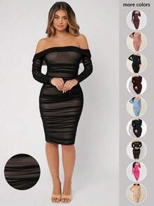 Vestido De Malla Entallado Con Hombros Descubiertos Con Pliegues - Negro 2 - Ver 6