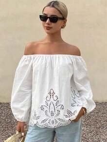 Blusa holgada de mujer con hombros descubiertos, manga larga, bordado hueco, casual y de vacaciones, verano estilo bohemio - Blanco - Ver 7