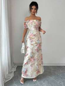 Vestido ceñido de malla con volantes, hombros descubiertos y cintura ceñida con estampado floral, elegante y romántico para mujeres - Multicolor 5 - Ver 4