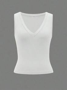 Camiseta de tirantes ajustada con escote en V profundo para mujer  top de punto de unicolor, ropa deportiva para mujer, ropa de carnaval de primavera y verano 2026, adecuada para uso diario, trabajo y casual - Blanco - Ver 3