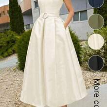 Women's Elegant Waist Belt A-Line Dress, New Spring/Summer Sleeveless V-Neck Urban Commuter Dress - Albaricoque - Ver 2