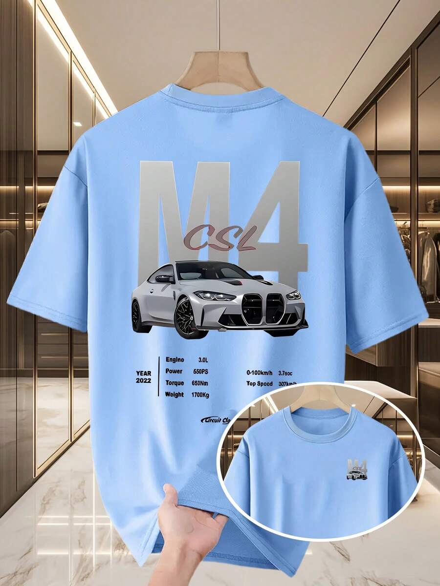 Men's Casual Summer T-Shirt, New Collection, Round Neck, Short Sleeve, Knit Fabric, Cool And Comfortable, Double-Sided "M10.16cm" Print On Front And Back, Ideal For Outdoor Activities, Printed Summer T-Shirt For Men - 淺藍色 - 查看 1