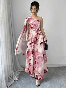 Vestido elegante de talle alto con hombro asimétrico, abertura lateral y estampado aleatorio, estilo fashionable para vacaciones - Rosa - Ver 5