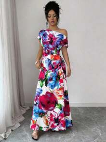 Vestido largo asimétrico con volantes en los hombros y la cintura, estampado floral, elegante y minimalista, adecuado para ir al trabajo, Año Nuevo, ropa de calle, estilo romántico francés, casual, retro de Oriente Medio, té de la tarde, fiesta, Acción de Gracias, vuelta al colegio, primavera/verano - Morado - Ver 4