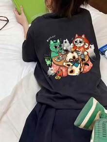 Y2K 女式夏季休闲宽松字母趣味印花短袖T恤 - 黑色 - 查看 1