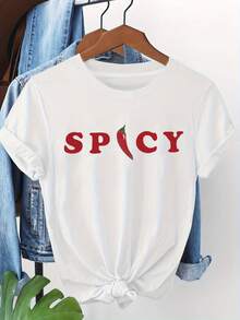Camiseta divertida con estampado de patrón de letras y chiles, manga corta y cuello redondo, top casual para verano y primavera, ropa de mujer - Blanco - Ver 6