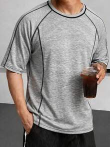 Men's Round Neck Short Sleeve T-Shirt, Fashion Patchwork Casual Sports Knit Tee, Suitable For Daily Outdoor, Street Style Gym Workout Running - Grey - View 2