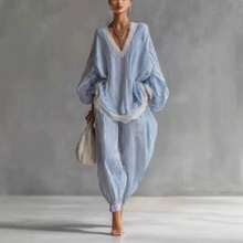 Conjunto de dos piezas para mujer con encaje y rayas azules y blancas talla grande ropa de mujer nueva moda holgada manga larga y pantalones anchos - Azul - Ver 2