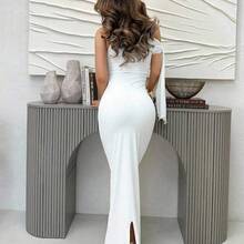 Women Solid White Asymmetrical Shoulder Tie Pleat Slit Elegant Graduation Dress,Summer Dresses For Women,White Graduation Dress - Verde militar - Ver 3
