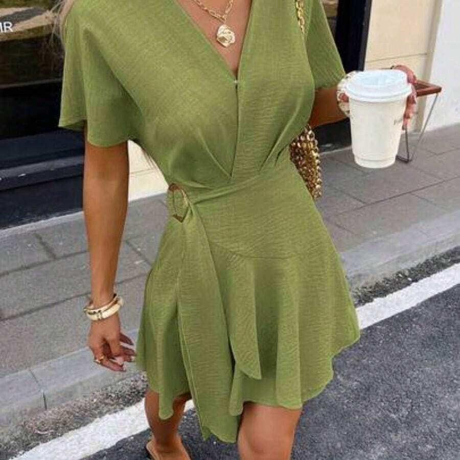 Relaxed Fit V-Neck Wrap Mini Dress With Belt For Women Casual Summer Vacation,Linen Blend Batwing Sleeve Mini Wrap Dress, Casual Beach Holiday Sundress, Tie Front Dress, Beige Dress, Linen Dress, Vacation Dress, Wrap Dress, Birthday Dress, Beige Dress For Women, Front Tie Dress, Creme Dress, Brunch Dress, Short Sleeve Dress Cream Dress - Verde - Ver 1