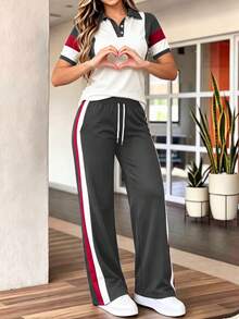 Bộ 2 món áo thun ngắn tay cổ polo phối màu tương phản dành cho nữ và quần ống rộng cạp chun, bộ áo thun ngắn tay cổ tròn phối màu tương phản và quần ống đứng cạp chun có dây rút, trang phục mặc nhà thời trang thường ngày, bộ đồ thể thao mùa hè. - Xám đậm 85 - Xem 1