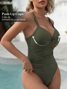 Swim Chiccia Traje de baño de una sola pieza para mujeres con pliegues unicolor y correa para la playa de verano - Verde militar - Ver 4