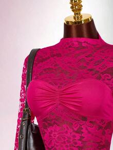 Blusa de encaje para mujer con vestido mini ajustado de tul rojo vintage con cordón en el bajo, estilo bohemio para fiesta - Rosa Fucsia - Ver 5