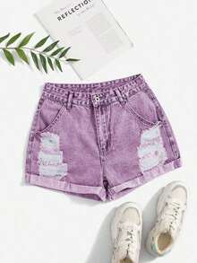 Pantalones cortos de mezclilla casuales y versátiles con bolsillos y efecto desgastado de unicolor - Púrpura malva - Ver 1