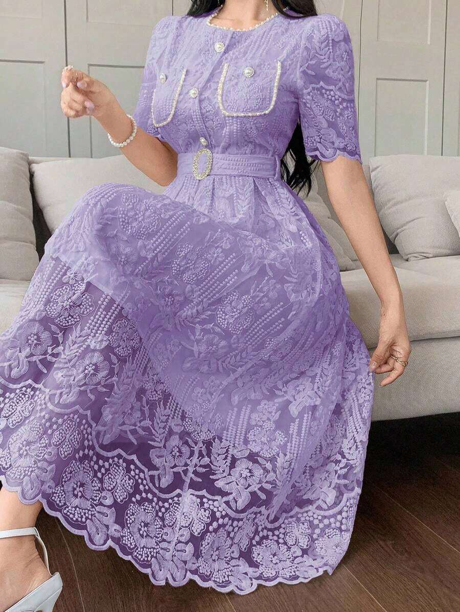 Vestido elegante de encaje de alta calidad con cintura ajustable, bordado, de estilo coreano suave y elegante - Morado 2 - Ver 1