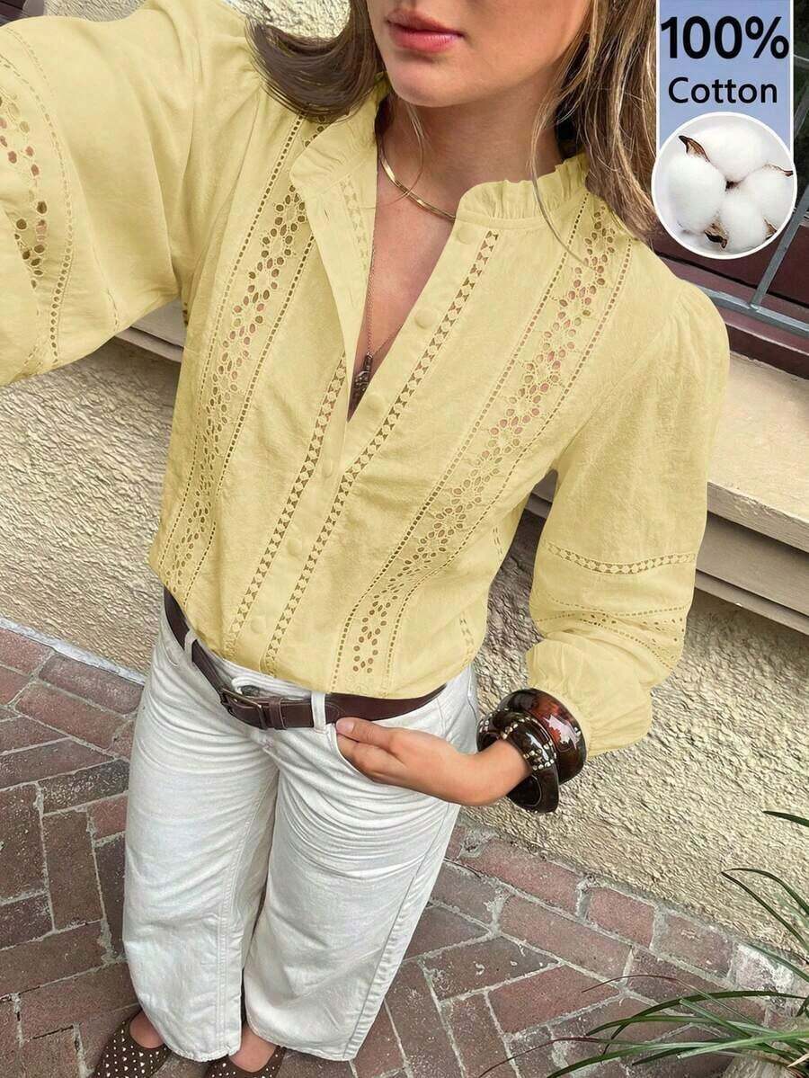 de mujer de unicolor con cuello alto, botones delanteros, bordado hueco y manga larga - Amarillo claro - Ver 1