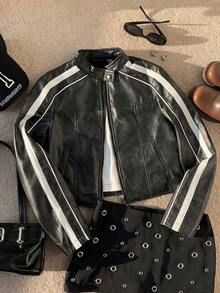 Chaqueta corta con cremallera lateral a rayas para uso diario, con efecto desgastado retro, perfecta para volver al colegio en otoño/invierno - Negro - Ver 6