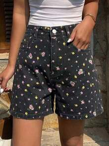 shorts vaqueros informales y sueltos con efecto desgastado para mujer - Negro - Ver 3