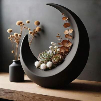 Celestial Crescent Shaped Planter, Matte Flower Pot, Suitable For Air Plants And Dried Eucalyptus, Gothic Boho Style Home Decor