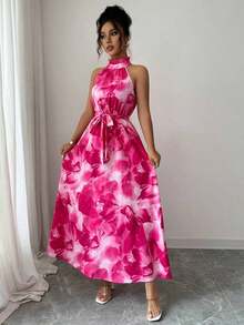 Vestido con estampado floral elegante, adecuado para ir al trabajo y para vacaciones en la isla - Rosa Fucsia - Ver 4