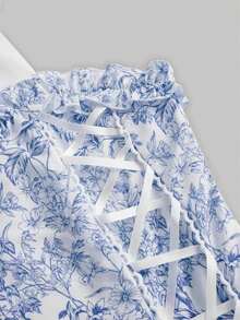 MOD Vestido corto rosado de mujer con estampado floral marrón y cinturón, vestido de patinadora acampanado vintage para graduación y té - Azul - Ver 3