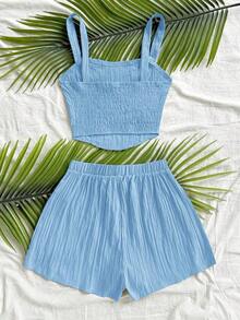 Conjunto de 2 piezas de camiseta sin mangas y pantalones cortos de unicolor casual para vacaciones de mujer - Azul - Ver 2
