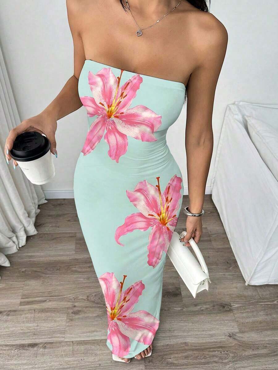 Vestido midi ajustado bandeau con estampado floral, estilo de vacaciones en la playa para mujer - Multicolor 3 - Ver 1