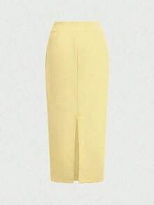 Set de 2 piezas Traje formal elegante de negocios: Blazer + Falda con abertura en el bajo - Amarillo - Ver 8