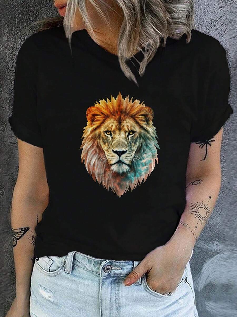 Camiseta estampada 100% algodón para mujer, top de manga corta y cuello redondo para primavera/verano, camiseta con estampado de león, camiseta cómoda para mujer. - Negro - Ver 1