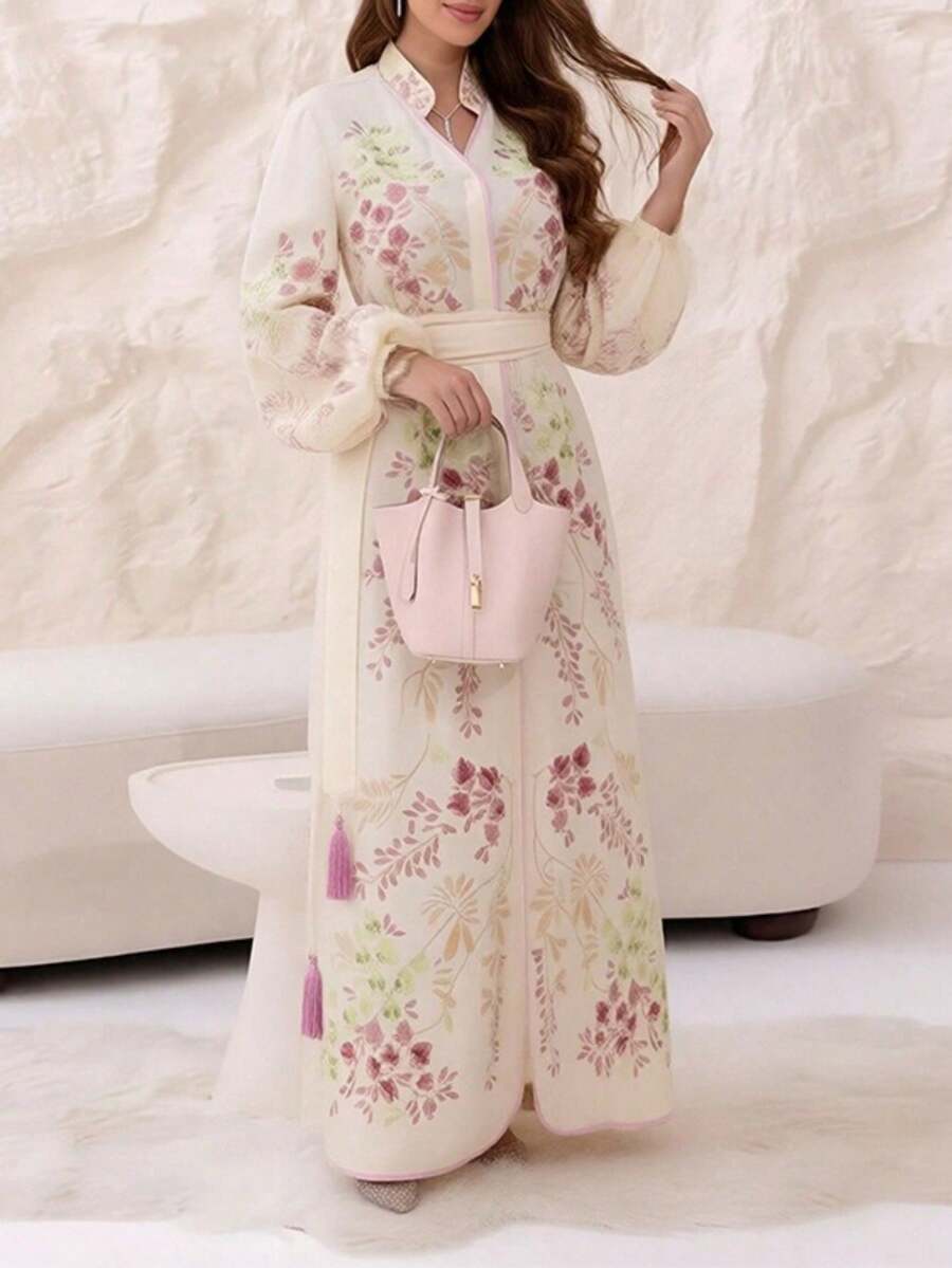Vestido largo primavera 2026, estilo retro lunares con mangas abullonadas y cintura ajustada - Blanco - Ver 1