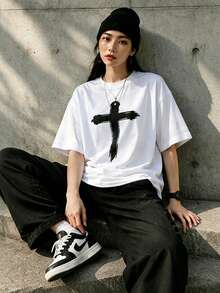 Envío local:Playera para Mujer Blanca con Estampado de Cruz, Camiseta Manga Corta Básica Cómoda para Verano y Estilo Casual - Blanco - Ver 1