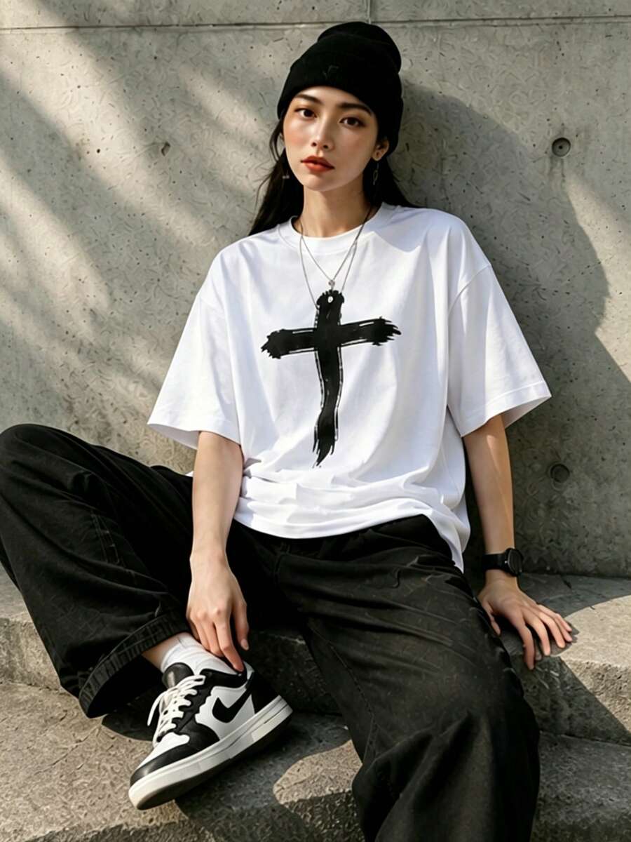 Envío local:Playera para Mujer Blanca con Estampado de Cruz, Camiseta Manga Corta Básica Cómoda para Verano y Estilo Casual - Blanco - Ver 1