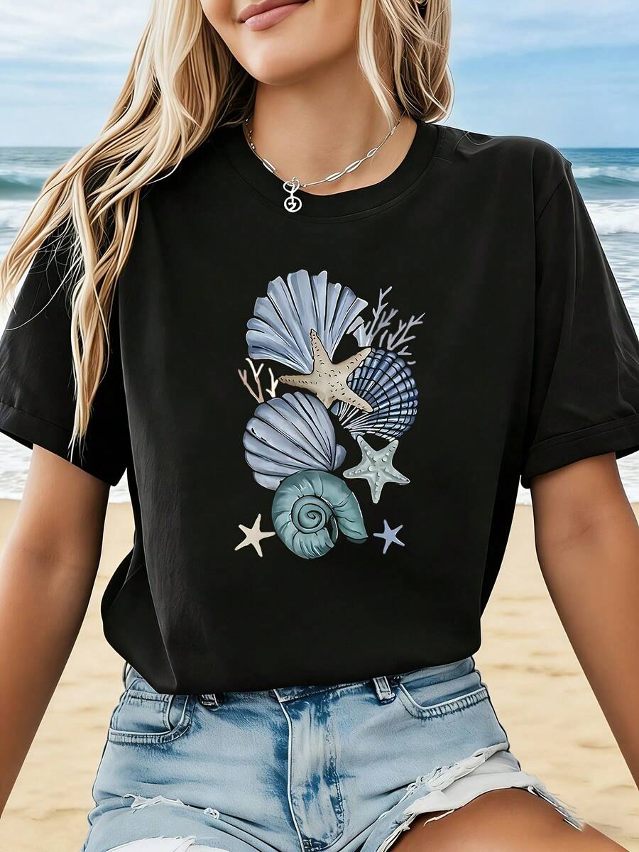 Camiseta manga corta cuello redondo 100% algodón, estampado trendy, tejido ligero y ventilado, estilo moda casual, apta para vida diaria, salidas informales y citas en primavera, verano y otoño - Negro - Ver 1