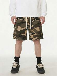 Men's Retro American Classic Camouflage Cargo Shorts, Summer Military Green Button Pockets Drawstring Waist Loose Straight 5-Inch Pants, Streetwear - Khaki - View 6