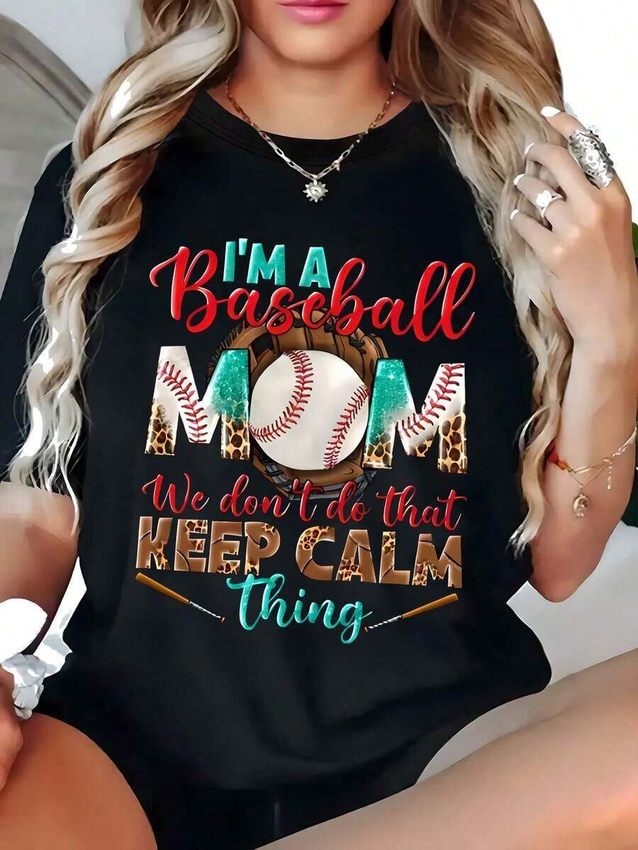 1 Piece Of Women's Fashion T-Shirt With "I'm A Baseball Mom" Print, Casual Round Neck, Short Sleeve, Slightly Stretchy Fabric, Ideal For Wearing In All Seasons, Perfect As A Gift Idea, 180g, 100% Cotton. - 黑色 - 查看 1