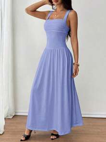 Vestido evasé de unicolor marrón café con cuello cuadrado elegante para mujer, primavera/verano - Celeste - Ver 5
