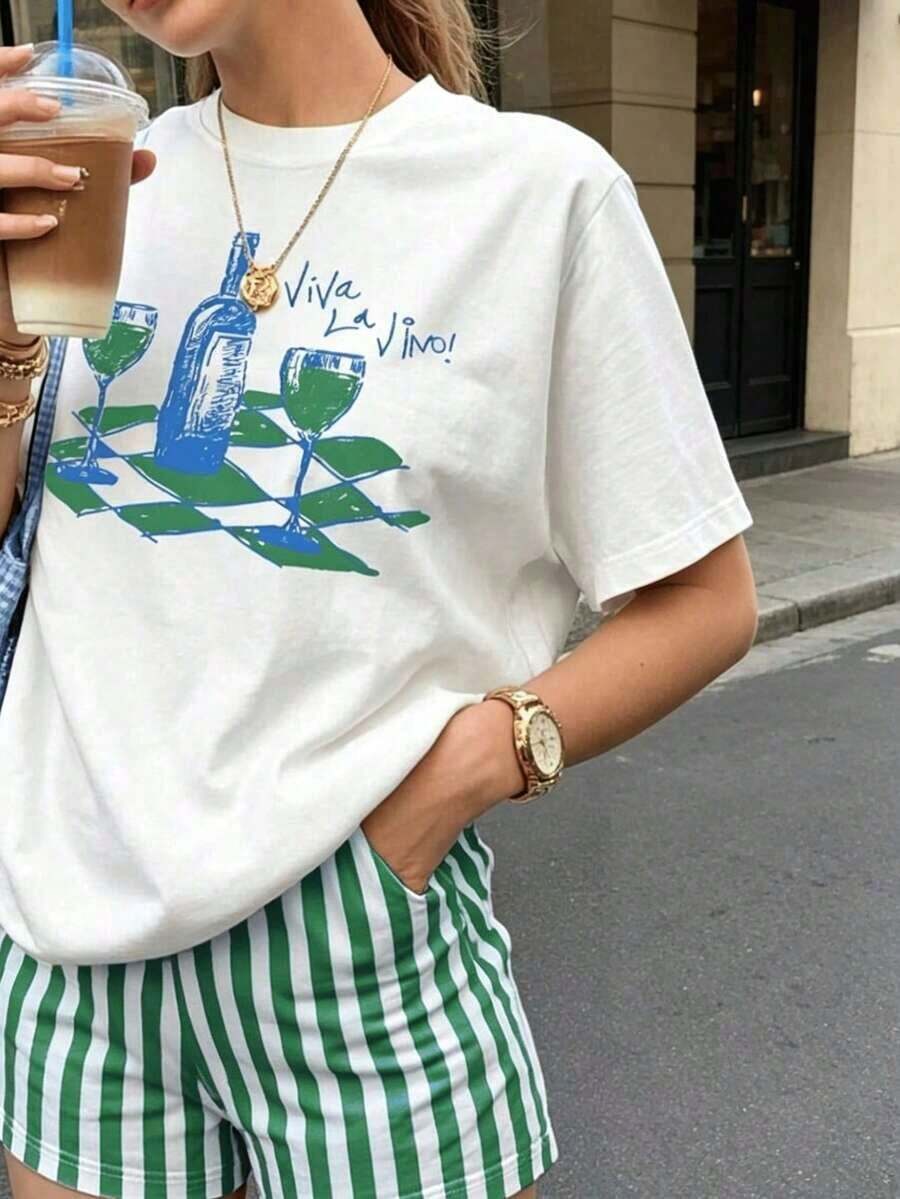 Camiseta de manga corta estampada para mujer, ideal para el verano. - Blanco - Ver 1