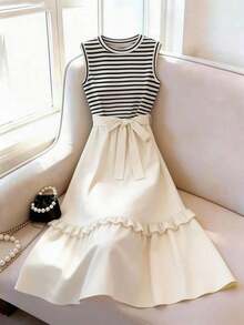 Vestido de punto a media pierna con diseño de parches a rayas para mujer, tela de unicolor, volante en el bajo. Diseño de vestido sin mangas, casual elegante, vestido de media pierna elegante para mujer - Multicolor 2 - Ver 10