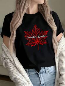 Camiseta de mujer con hoja de arce canadiense - Estampado de hoja de arce y texto "Proud of Canada", suave, cuello redondo, manga corta, top casual, ajuste regular de l■nea, adecuada para atuendo casual, regalo de recuerdo de viaje, ropa de Canad£ (Blanca) - Negro - Ver 2