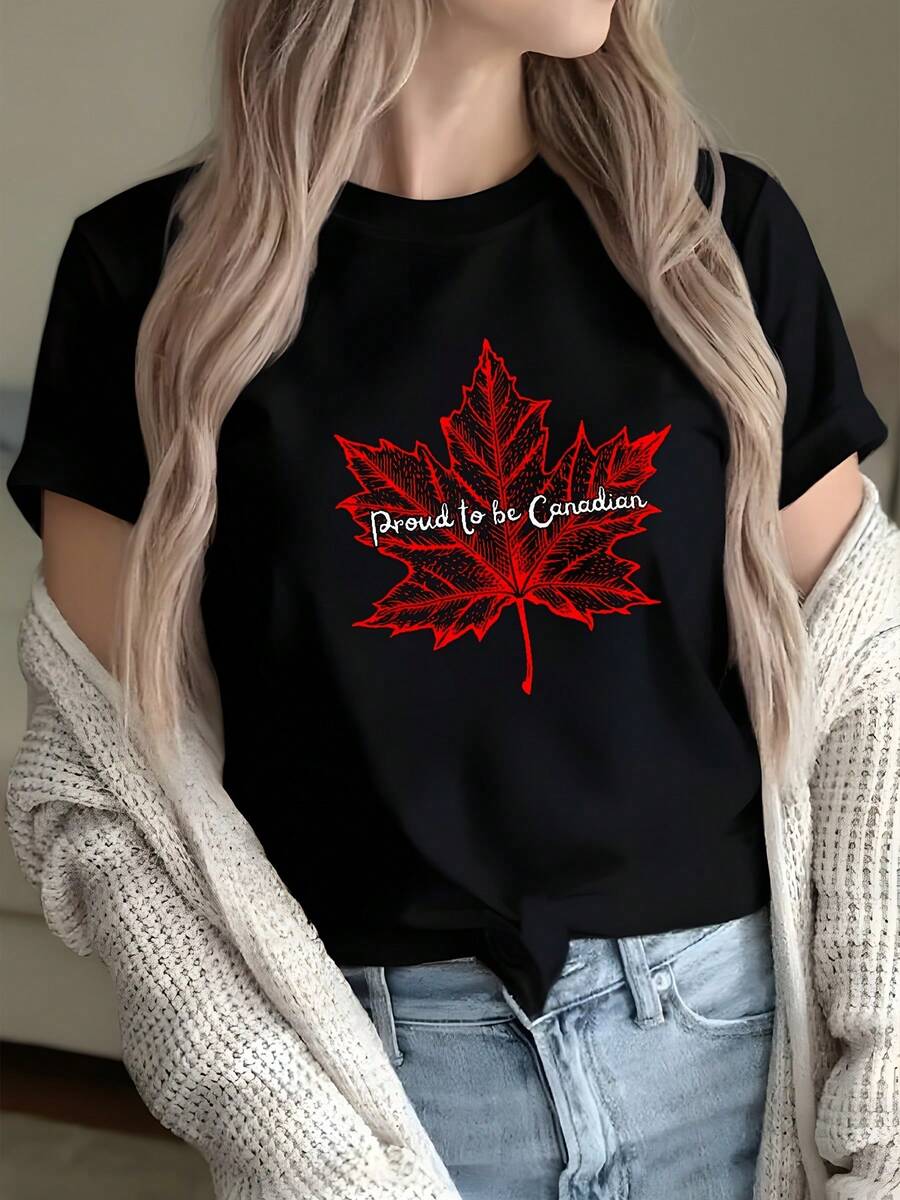 Camiseta de mujer con hoja de arce canadiense - Estampado de hoja de arce y texto "Proud of Canada", suave, cuello redondo, manga corta, top casual, ajuste regular de l￭nea, adecuada para atuendo casual, regalo de recuerdo de viaje, ropa de Canad£ (Blanca)