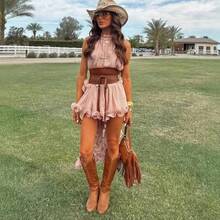Conjunto de vestido corto sin mangas con volantes de gasa para mujeres elegante y cómodo perfecto para vacaciones de primavera y verano moda casual - Rosa - Ver 2