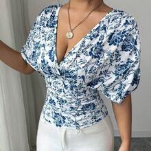 Women's Elegant Floral Print Waist Fitted T-Shirt, Summer - Multicolor - Ver 7
