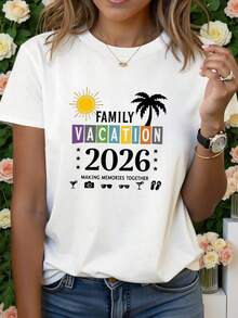 Women's T-Shirts, Women's T-Shirts, Women's Round Neck T-Shirt With "FAMILY HOLIDAY 2026" Text Print For Spring/Summer, Casual Gift For Shopping And Vacation, Outfit For Friends Gatherings. - 1件黑色隨機圖案 - 查看 6