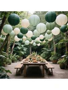 15pcs Elegant Sage Green Paper Lanterns, Boho Jungle Theme Party Decor, Multi-Size, New Year Decoration, New Year Lanterns, Suitable For Wedding, Holiday Party, Bridal Shower, Outdoor Events, Ceremony, Birthday, Anniversary, Graduation - No Frame, No Power Needed, No Feathers, Paper Lantern Decor. - Model E - View 3