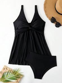 Swim Lushoire Conjunto casual de verano para playa de mujer - Traje de baño con falda de diseño retorcido y shorts de baño - Negro - Ver 5