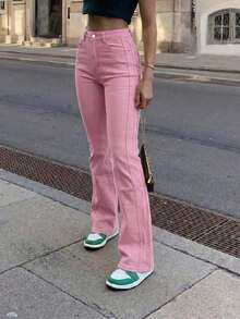 Jeans acampanados con bolsillos para mujer, estilo casual de otoño y primavera - Rosa - Ver 1